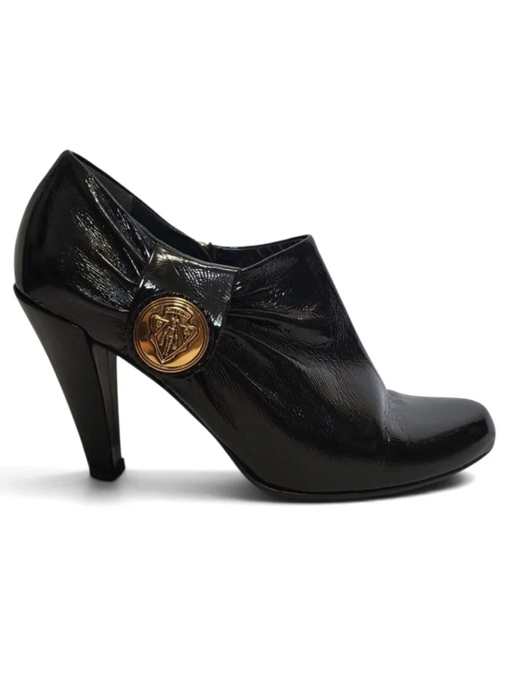 Gucci Hysteria Patent Leather Ankle Booties Crest Logo Heels